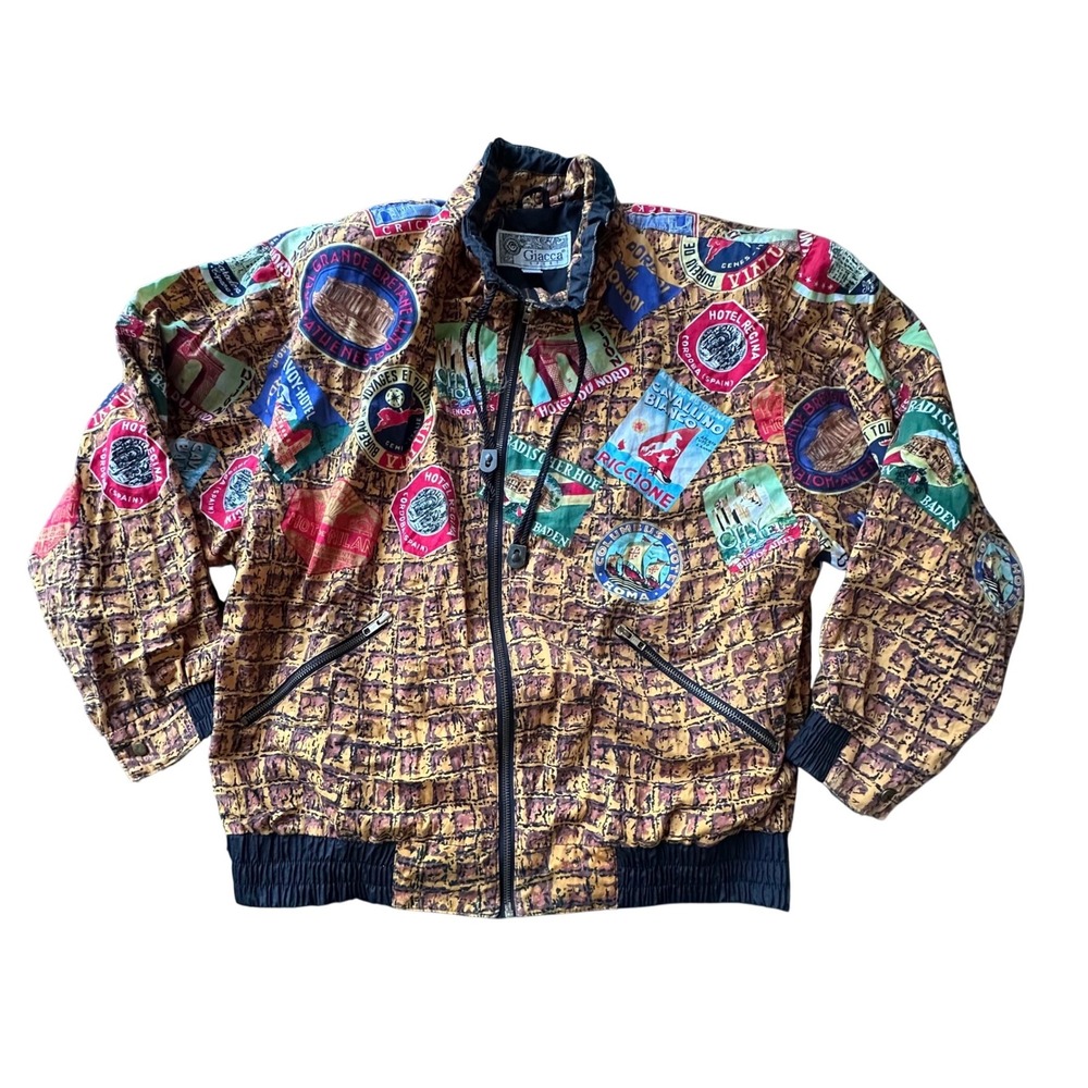 Vintage Giacca Sport Travel Stamp Novelty‎ Print Bomber Jacket Womens Medium Zip